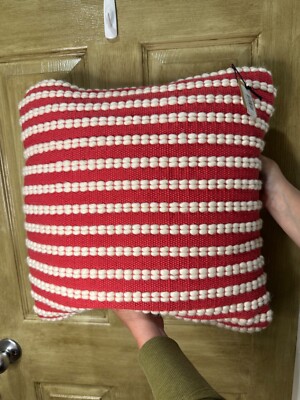 Creative Co-Op Woven Cotton Wool Striped Throw Pillow Salmon Cream 18