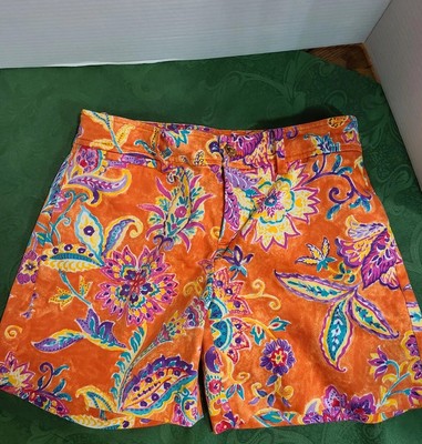 Lauren Ralph Lauren Women's Sz 0 Cotton  Chino Orange Floral Shorts Mid-Rise -image