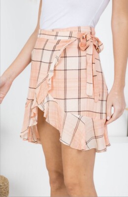 New Sexy PEACH PLAID Wrap RUFFLE Skirt FITTED Side Bow Tie BLACK White Orange L-image