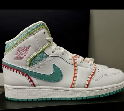 Jordan 1 Mid SE Youth Size 6.5 Teal Orange Green 'Multi Knitting' Nike-image