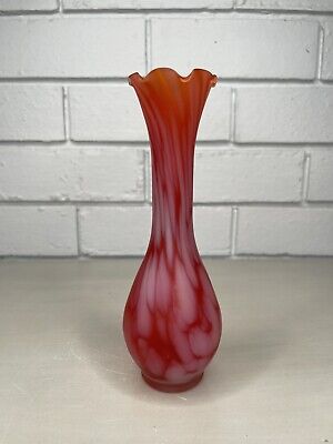 Vintage Art Glass Satin Splatter Bud Vase Red/Orange Ruffled Top MCM Mid Century-image