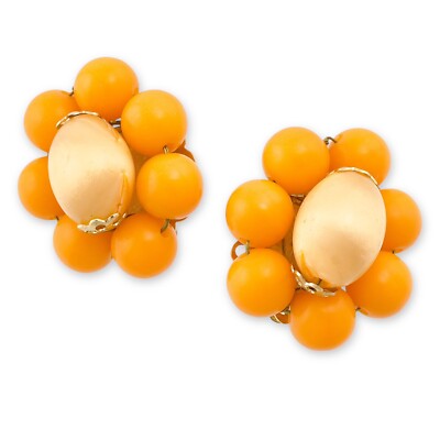 Vintage Japan Clip On Beaded Earrings Orange Silk & Lucite Mid-Century Modern-image