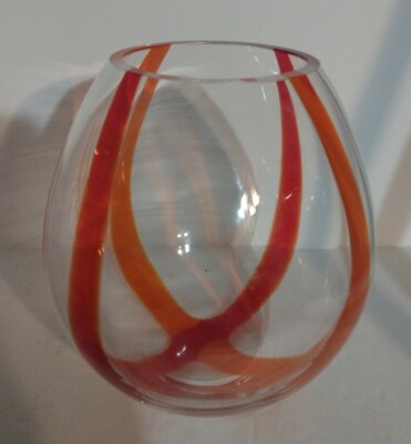 Vintage MID CENTURY DECOR! Art Glass Bowl Hippie Orange Red Stripe Polished Edge-image