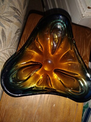 Amber And Green Cased Glass Murano Bowl c.1950-image