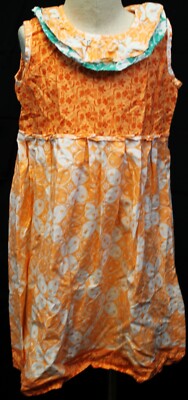 Orange Floral Sleeveless Dress Green Collar Girls 6 Pleated Button Closure-image