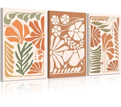 3Pcs Burnt Orange Floral Canvas Wall Art Mid-Century Neutral Botanical Pictur...-image