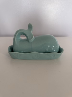 Creative Co-Op Whale Aqua Blue Butter Dish Stoneware with Lid Ocean Seashore EUC-image