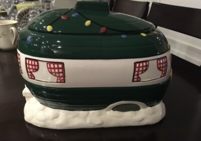 COOKIE JAR CREATIVE CO OP HAPPY CAMPER CHRISTMAS TRAILOR PRE 5TH WHEEL STYLE-image