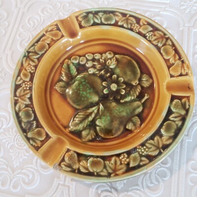 Mid Century Modern Vtg Ceramic Ash Tray Orange Brown Green Fruit flowers Glazed -image