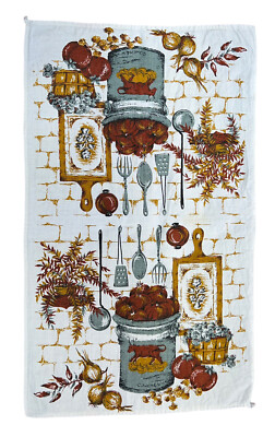 Vtg RETRO MCM 1950 Mid Century Modern Kitchen TEA TOWEL  Brown Orange Pots (Spot-image
