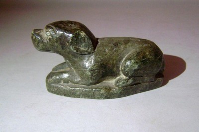 Vintage Carved Green Soapstone Dog Figurine: Joss stick holder: Inuit?-image