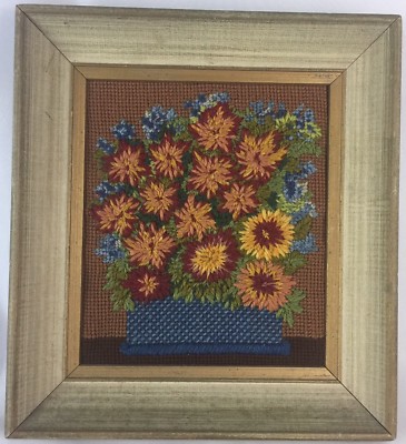 Mid Century Orange Flowers In Vase Needlepoint Wall Art Framed-image