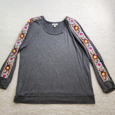 Style Co Top L Gray Long Sleeve Embroidered Floral Scoop Neck Boho Artsy Cottage-image