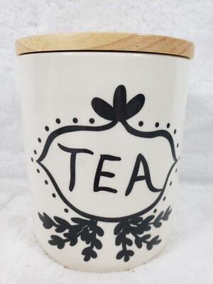 CREATIVE CO-OP Stoneware White Glazed TEA Canister Bamboo Lid 5.25 in tall-image
