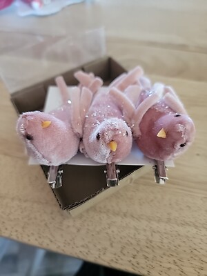 Creative Co-Op Set of 3 Small Velvet Pink Bird Figurines 1.5” Tall-image