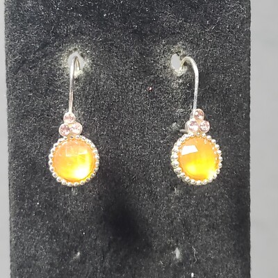 Dangle Earrings Silver Tone Orange Mid Century Modernist Boho Pierced 1