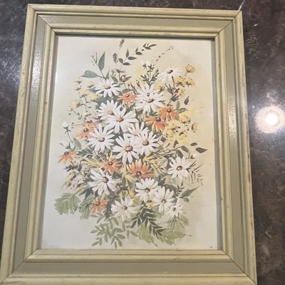 Print by Vivienne 12 X 10 DAISIES Floral Mid Century Orange Yellow White FRAMED-image