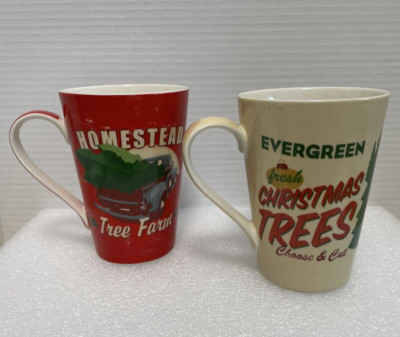 Phoenix Creative Co-Op Mug Christmas Tree Farm Coffee Cup Set of 2 Vintage Style-image