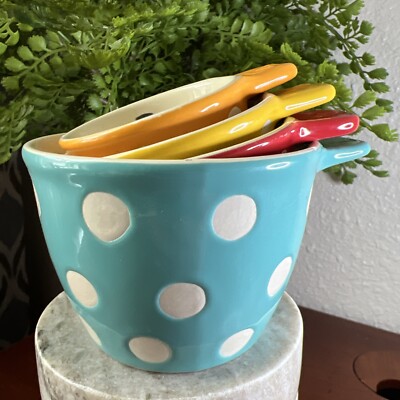Ceramic Measuring Cups Polka Dot Multicolor Pattern By Creative Co-op Set Of 4-image