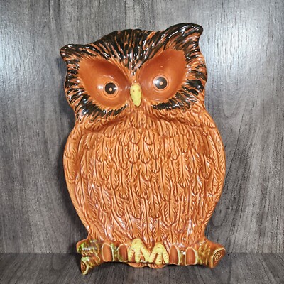 Vintage Norcrest Orange and Brown Owl Plate  Decorative Mid Century Modern-image