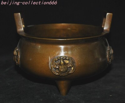 5.4'' marked China temple bronze Handle burn incense joss sticks burner censer-image