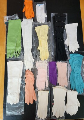 16 Pc. Mid Century Women's Glove Mixed Lot Beaded Pink Turquoise Purple Orange-image
