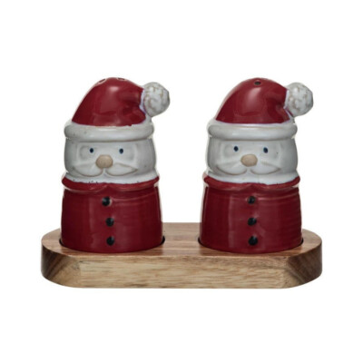 Creative Co-op - Santa Salt & Pepper Set with Wood Tray - XS5946-image