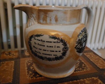 Huge Antique Orange Sunderland Lustre Ware Jug 'The Sailors Farewell' Mid 1800's-image