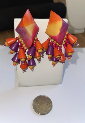 Vintage MCM Orange Yellow Purple Pink 9 Wood Bead Dangle Stud Pierced Earrings-image