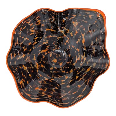Art Glass Bowl Orange Black Halloween Scalloped Wavy Ruffled Blown Marked 13.5