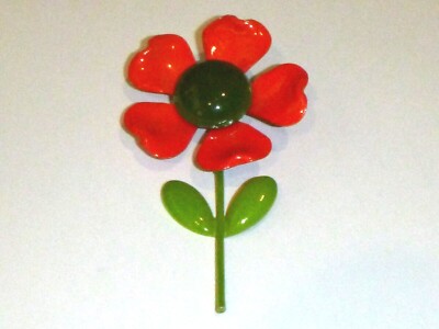 Vtg Mid Century Flower Power Enamel Brooch Pin Orange Green Daisy 3.75