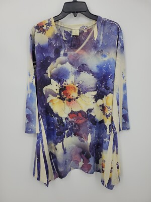 Joss & Jane Top Womens Small Purple Tan Watercolor Floral Artsy Long Sleeve Boho-image