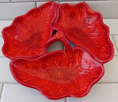 Vtg Mid Century Red & Burnt Orange California Pottery Divided Serving Dish 895-image