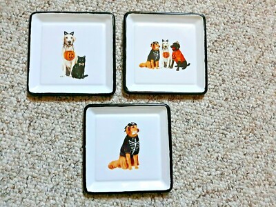 3 Creative Co-Op METAL Enamel plates HALLOWEEN DOGS Cat PET MARY LAKE THOMPSON -image