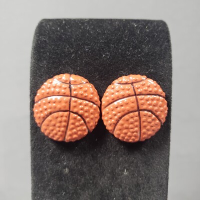 Pierced Earrings Orange Basketball Sport Mid Century Modernist Boho Estate 1