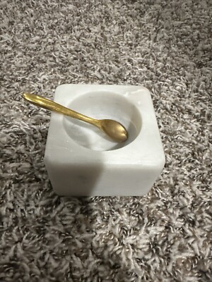 Creative Co-Op Square White Marble Bowl with Brass Spoon Salt Cellar-image