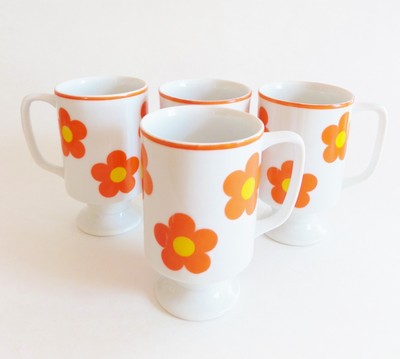 Vintage 1970s Orange Flower Footed Coffee Cups Mugs Set of 4 Mid Century Ceramic-image