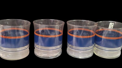 4 MCM Mid Century Libbey Low Ball Glasses Blue and Orange Horizontal Stripes -image