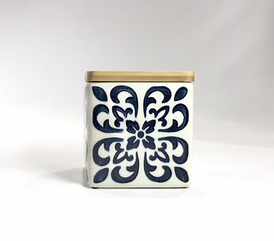 CREATIVE CO-OP Stoneware Container Canister Blue Floral Geometric Pattern Bamboo-image