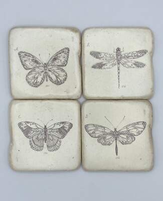 Ceramic Art Coasters Butterfly & Dragonfly, Entomology, Handmade, Set of 4-image