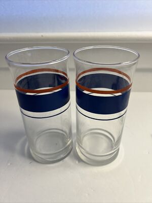 2 MCM Mid Century Libbey Glasses Tumblers Blue and Orange Horizontal Stripes-image