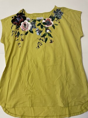 Studio by Denim & Co Womens L  Green Floral Print Artistic Knit Tee Top New-image