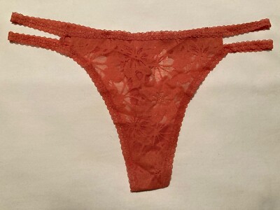 Nwt Victorias Secret PINK Floral Lace Strappy Thong Panty Orangey Color XL-image