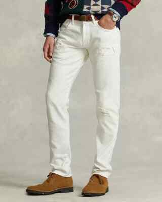 Polo Ralph Lauren L94314 Mens White Sullivan Slim Distressed Jeans Size 34x32-image