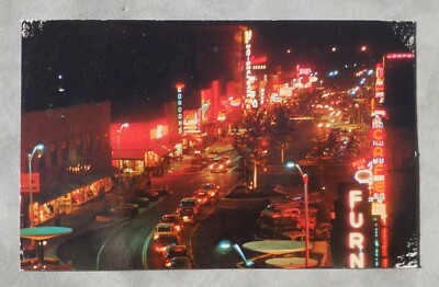 1960s Main Street at Night Neon Signs Old Cars Stores Grand Junction CO Mesa Co-image