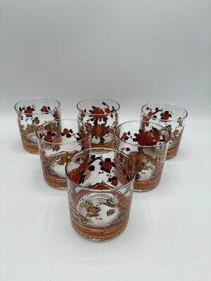 Vintage 1960’s Pisinski Washington Red Orange Floral 22K Gold Trimmed Glasses-image