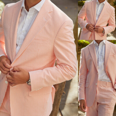 Orange Men's Suits Summer Seersucker Wedding 2 Pieces Groom Tuxedos Causal Wear-image