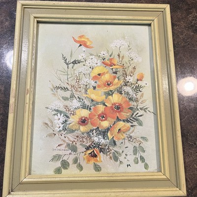 Print by Vivienne 12 X 10 POPPIES Floral Mid Century Orange Yellow White FRAMED-image