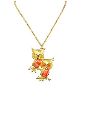 Mid Century Twin Owel Necklace Gold Ton & Marbled Red & White Rhinestone NBN1-image