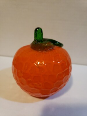 Vintage Murano Style Glass Orange Fruit Art Glass Green Stem Hand Blown EUC 3.5